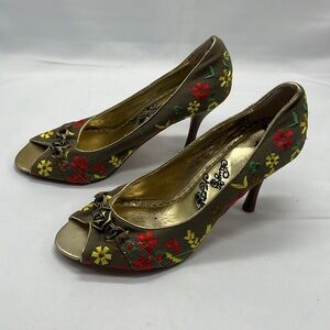 Brown Embroidered Floral Naughty Monkey Heels